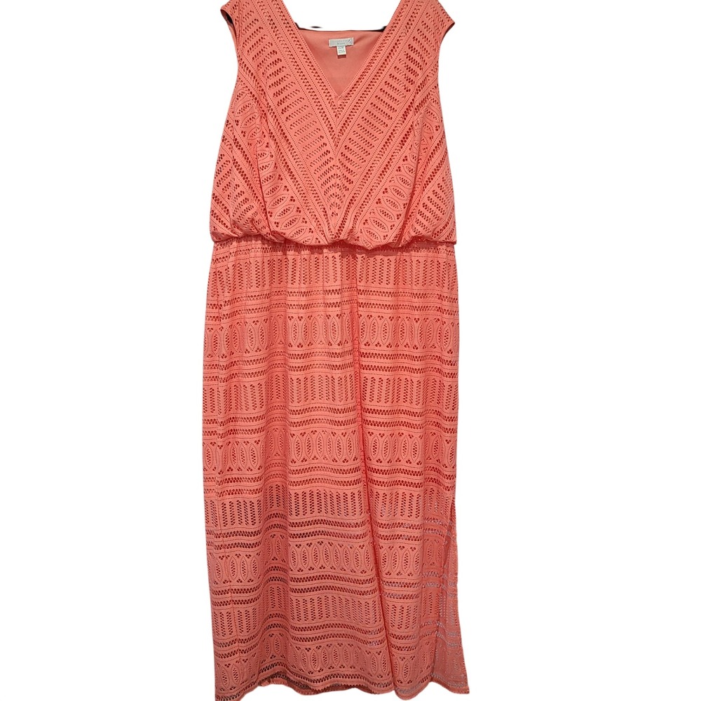 London Times Women's Coral Pink Crochet Lace Maxi Dress Size 22W V-Neck Boho